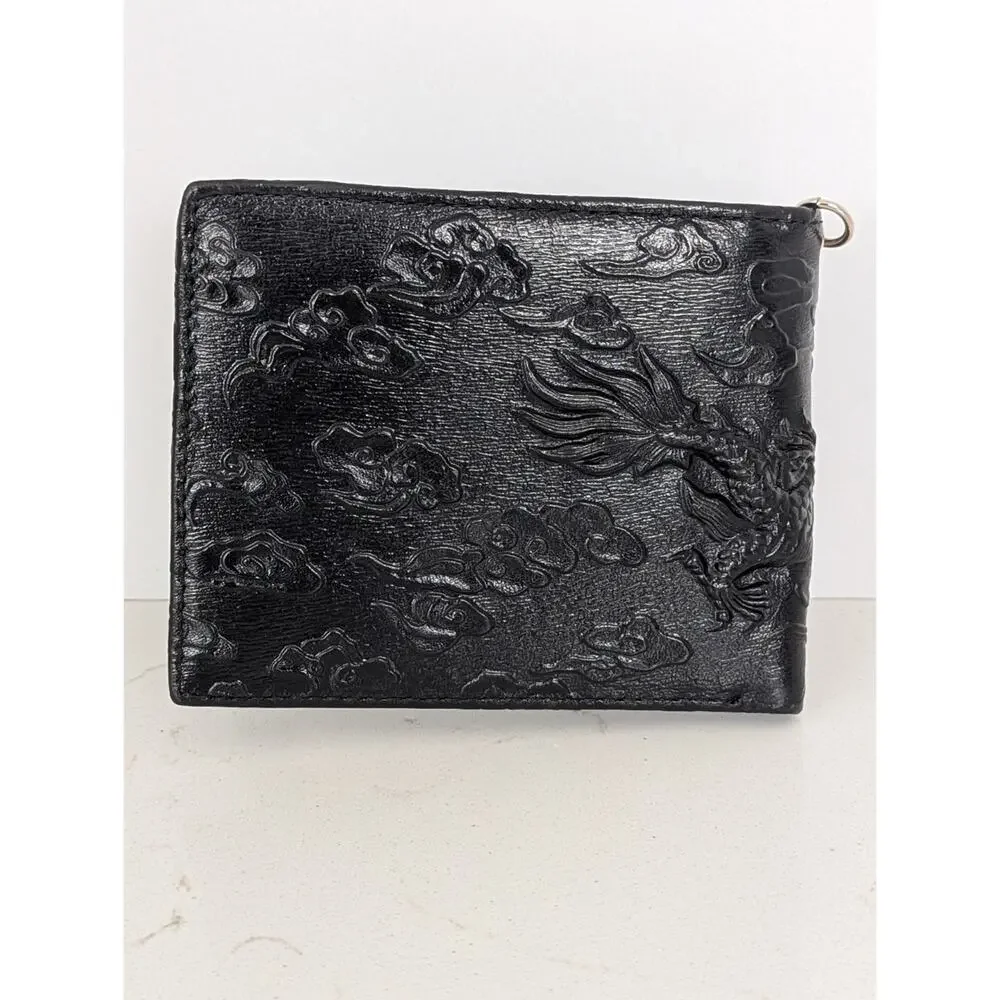 Mens Dragon Black Leather Bifold Wallet W/Metal Ring Asian Style Rock Retro EUC